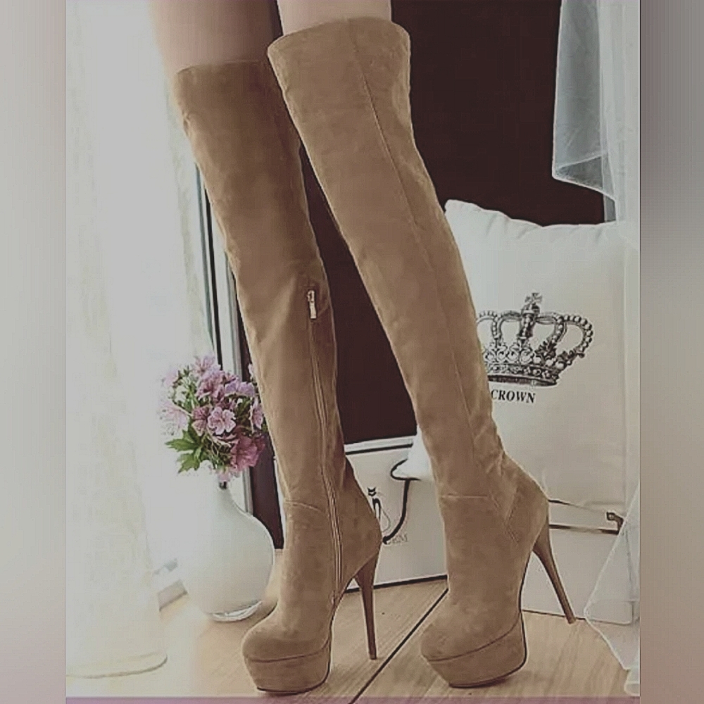 Suede high heel thigh high boots half tie up back